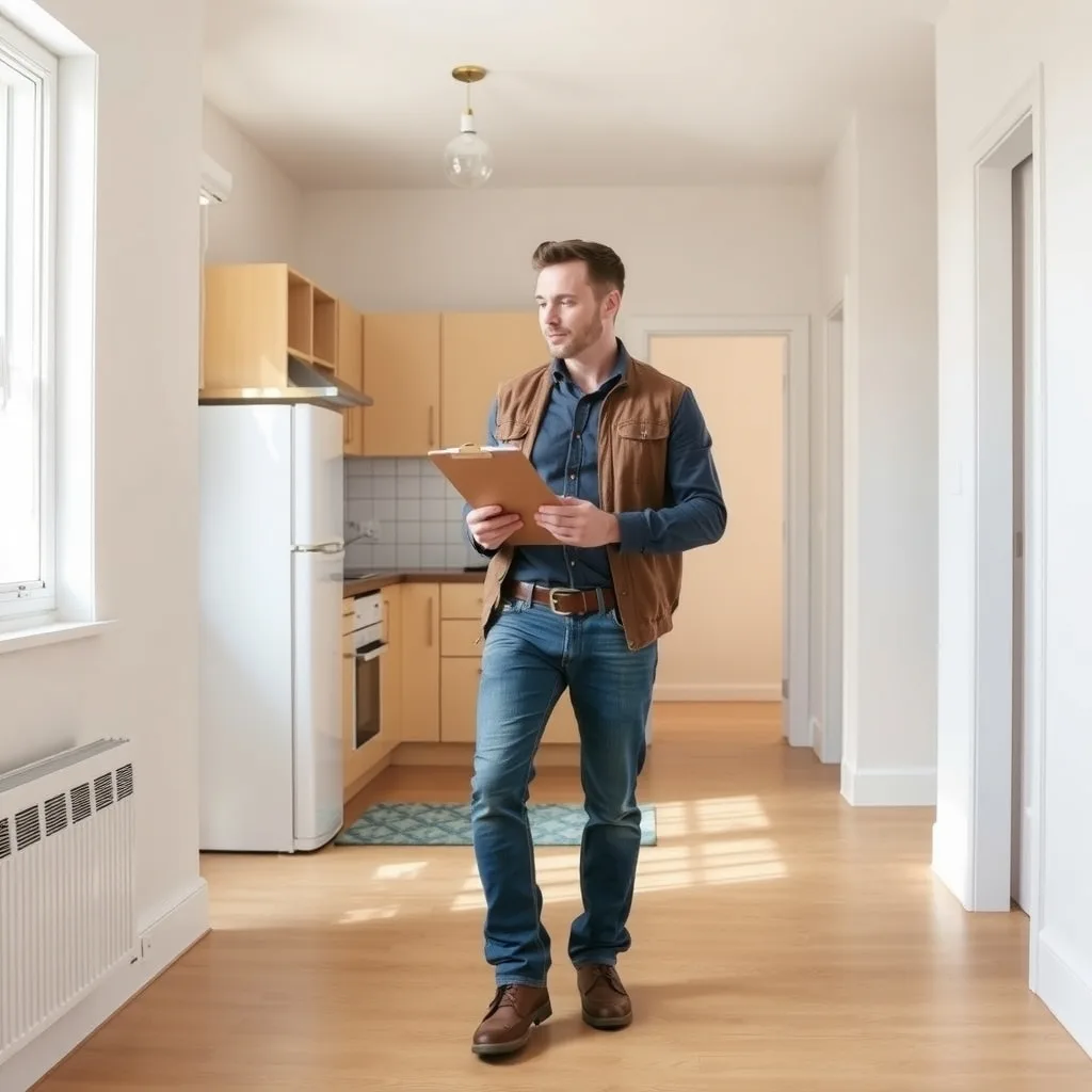Landlord with a clipboard inspecting a rental kitchen